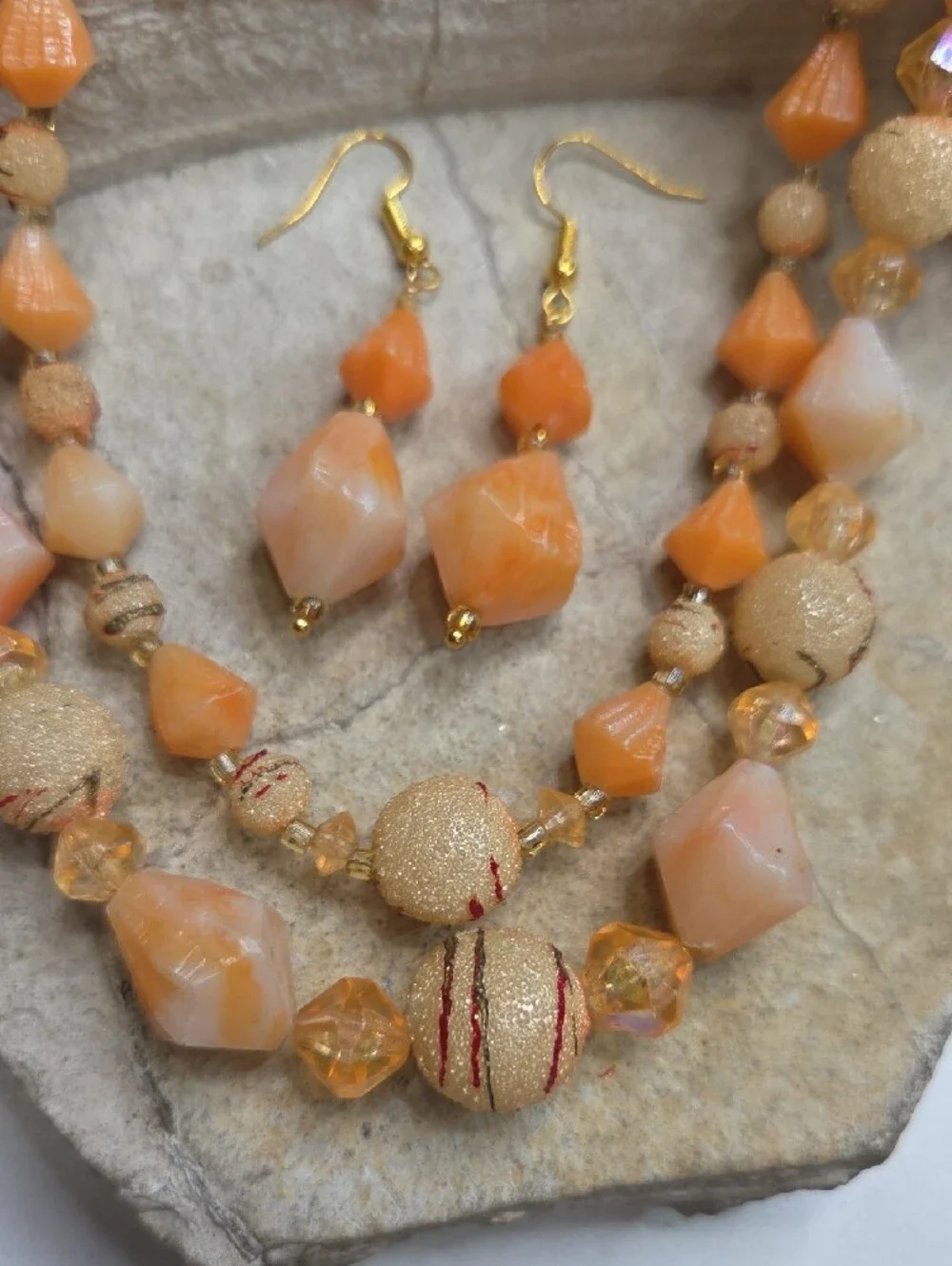 Gold-Tone Peach Beaded Necklace & Earrings Set